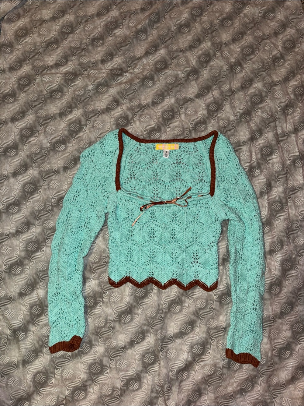 Urban Outfitters Mint Off-the-Shoulder Crochet Sweater with Brown Trim